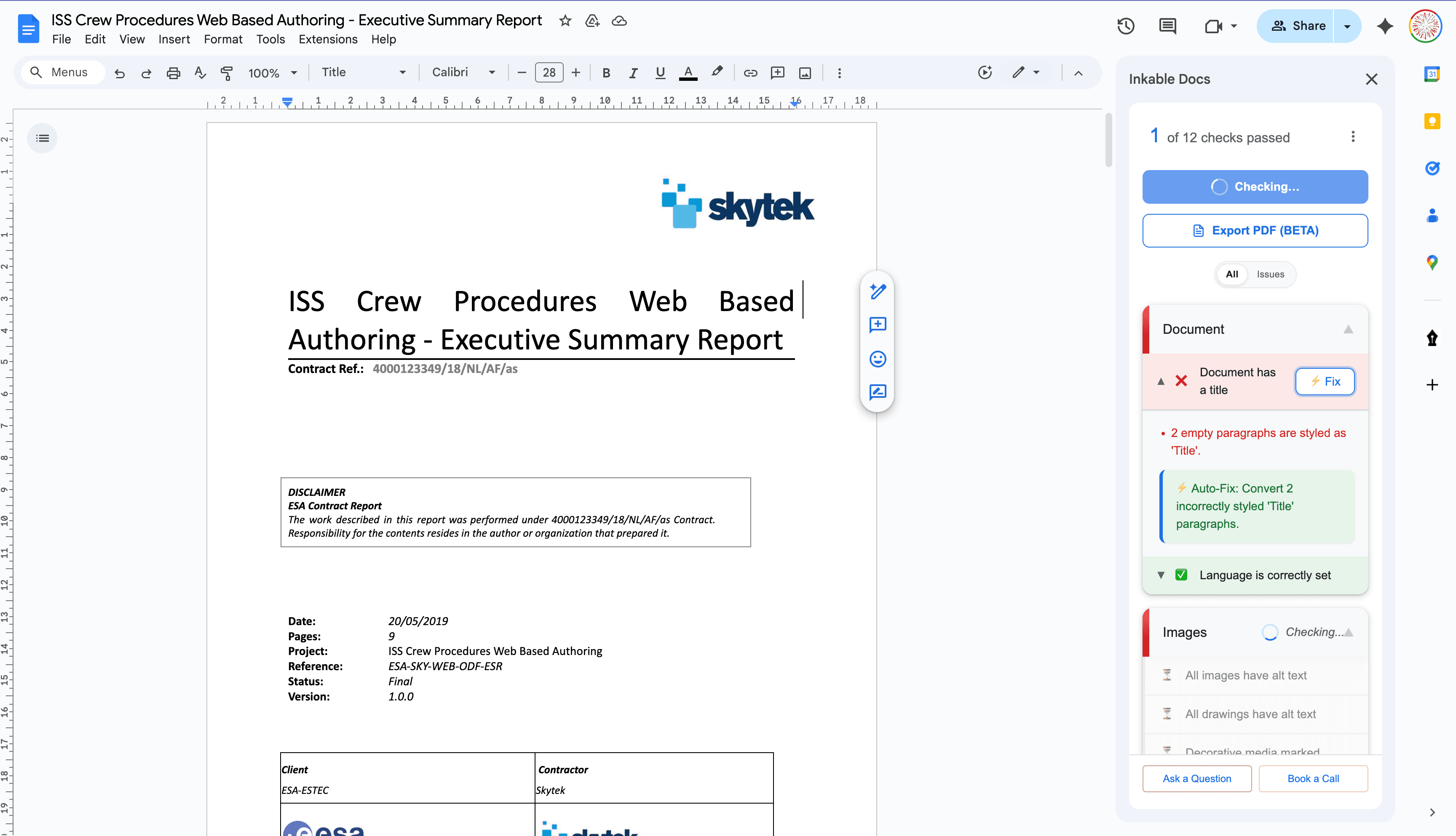 Inkable Docs running accessibility checks