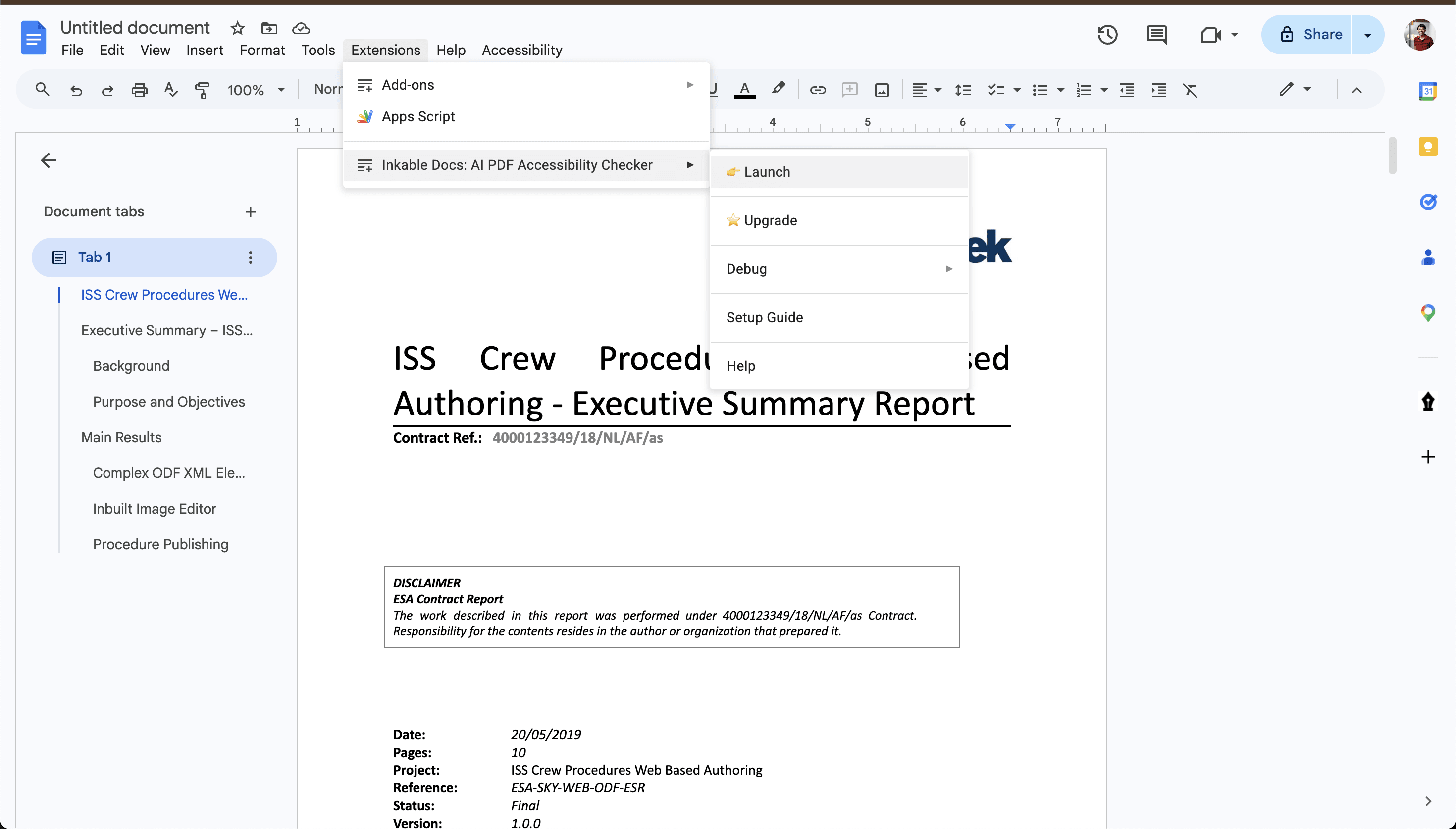 Inkable Docs sidebar dropdown menu